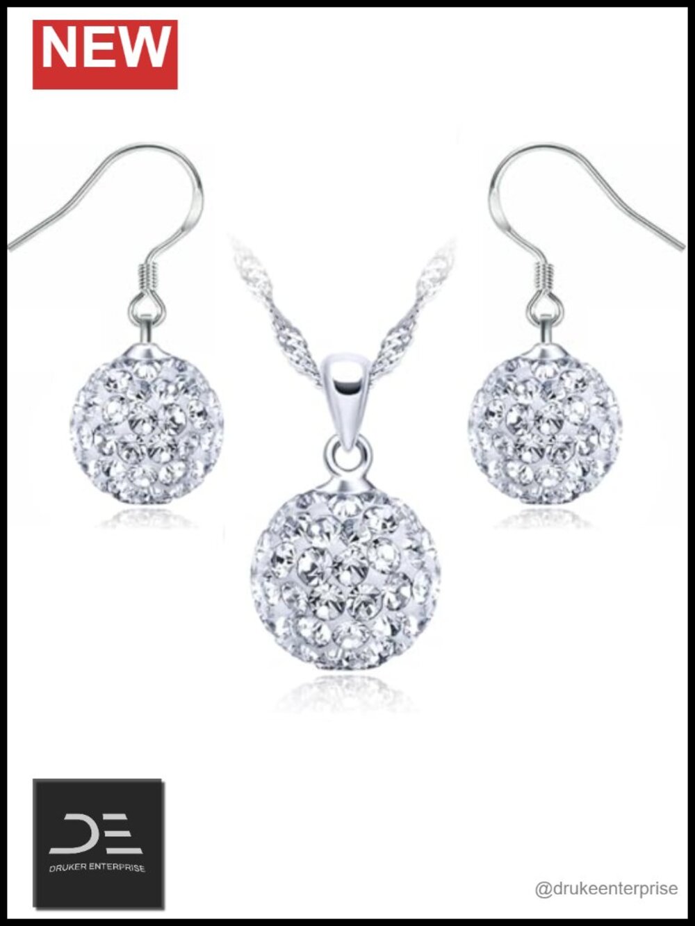 Sterling Silver White Crystal Disco Ball Pendant Necklace & Hook Earrings Set,